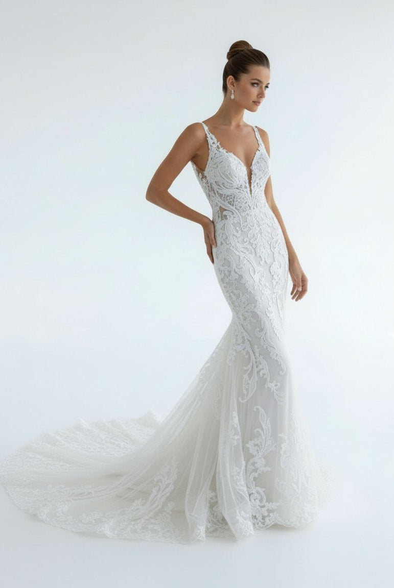 Mermaid V Neck Tulle Lace Wedding Dresses with Train - KissProm