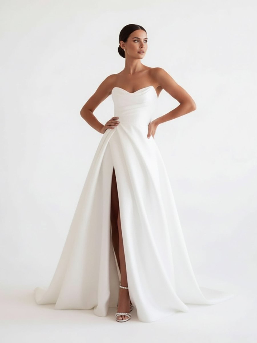 Janalee | A - Line White Sleeveless Satin Wedding Dress With Side Slit - KissProm