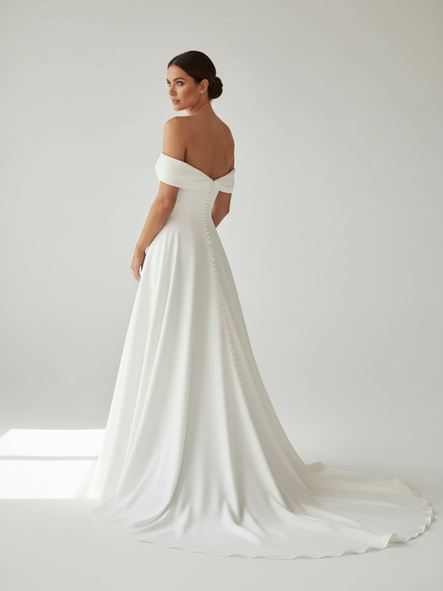 A - Line Chiffon Sleeveless Off - the - Shoulder Wedding Dress with Ruching Floor Length - KissProm