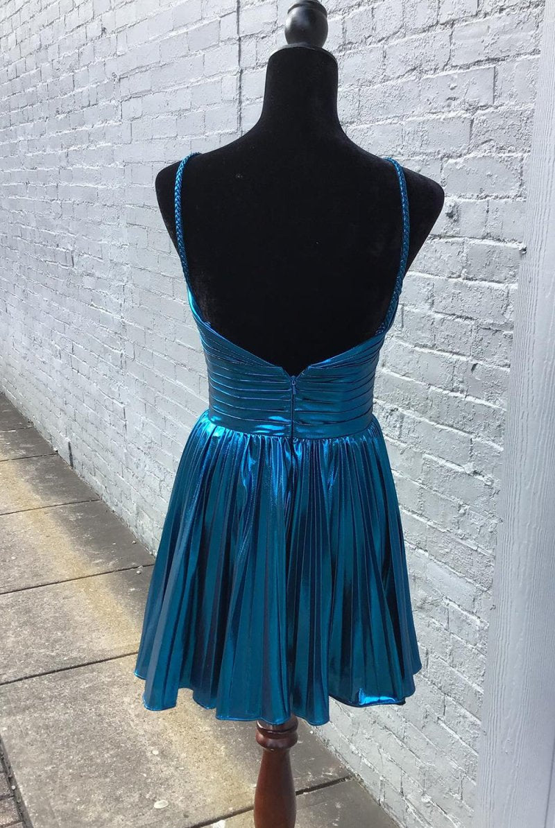 Seresa | Gloden A-Line Metallic Spaghetti Strap Pleated Homecoming Dress