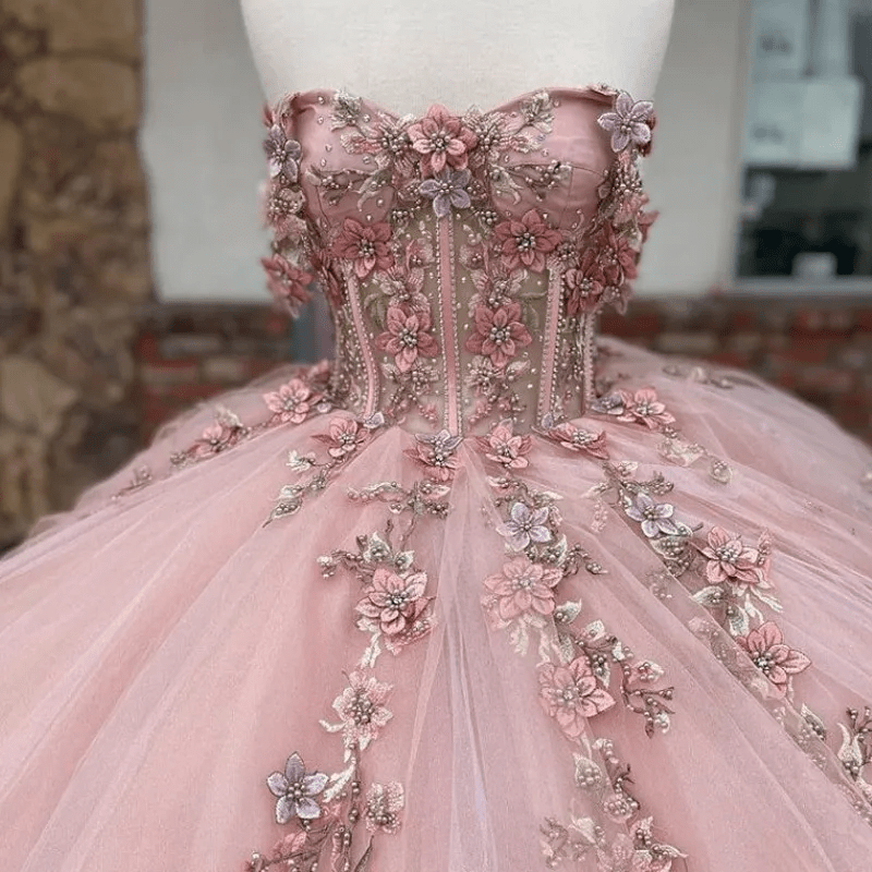 Enza | Pink Tulle Appliques Strapless Quinceanera Dresses