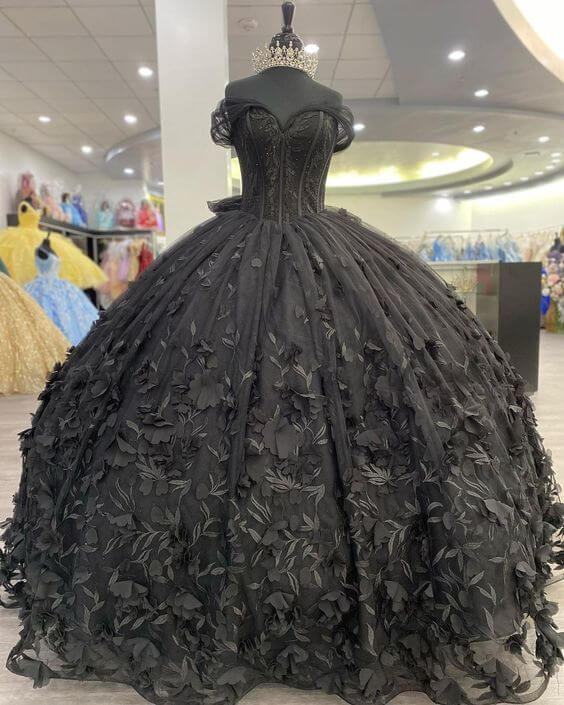 Black Ball Gown Off the Shoulder Quinceañera Dresses with Bow Knot
