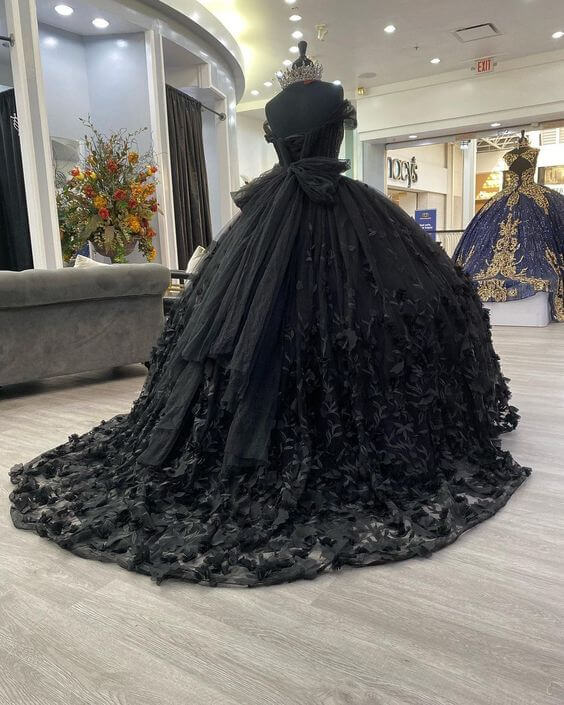 Black Ball Gown Off the Shoulder Quinceañera Dresses with Bow Knot