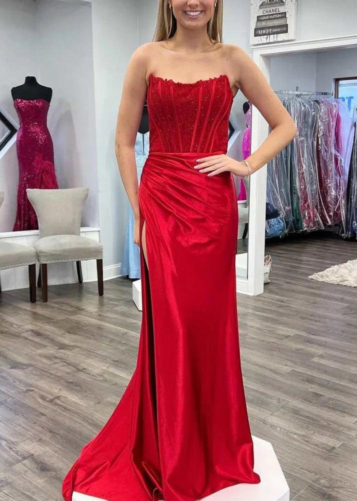 Arielle Red Sheath Strapless Corset Satin Prom Dress with Slit and