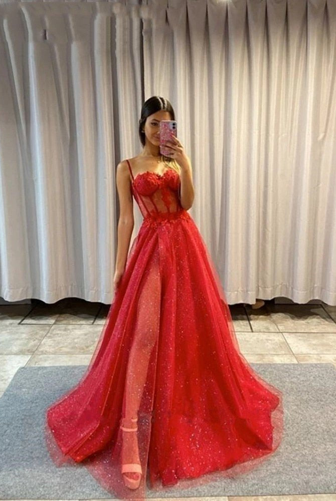 Keily |A-line Spaghetti Straps Glitter Tulle Prom Dress