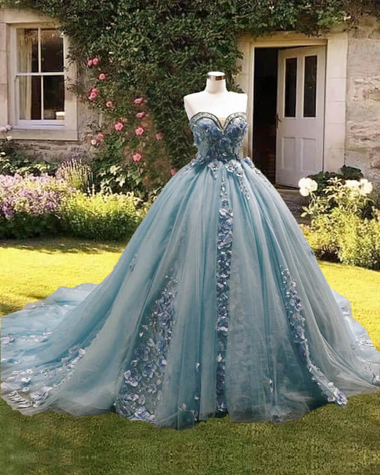 Dusty Blue Sweetheart Ball Gown Quinceanera Dress Strapless with 3D Flowers