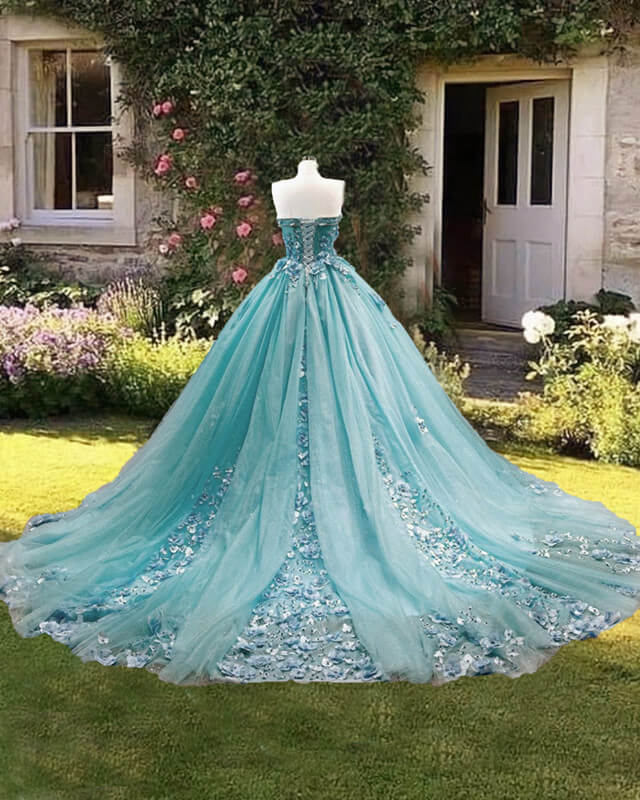 Dusty Blue Sweetheart Ball Gown Quinceanera Dress Strapless with 3D Flowers