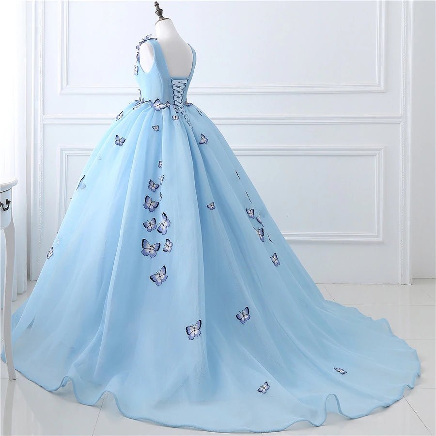 Quinceanera Dress Blue Butterfly Flowers Lace Up Ball Gowns Long Prom Dresses - KissProm