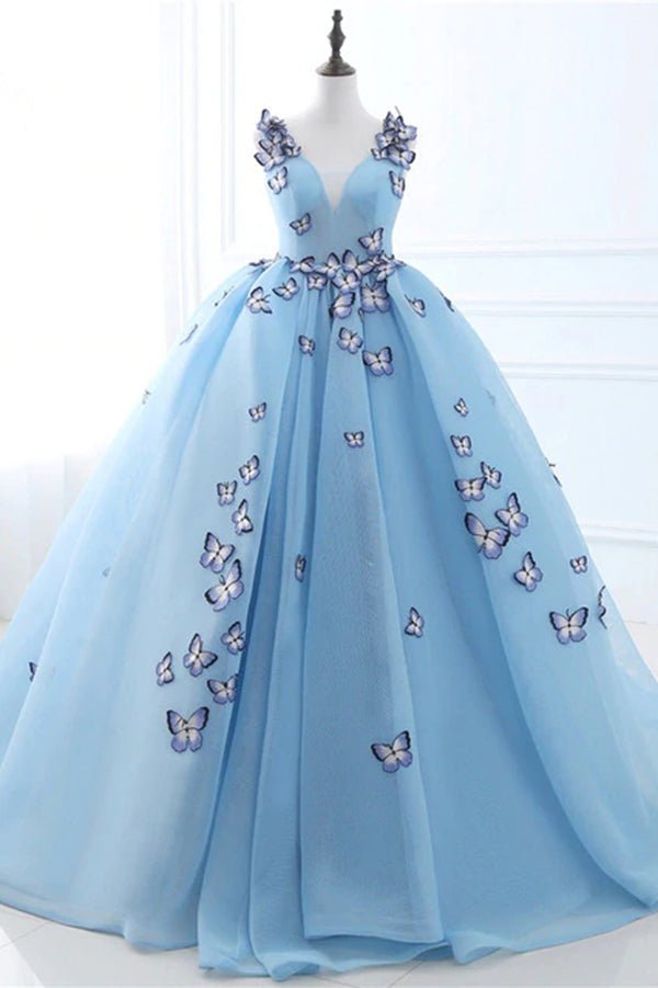Quinceanera Dress Blue Butterfly Flowers Lace Up Ball Gowns Long Prom Dresses - KissProm
