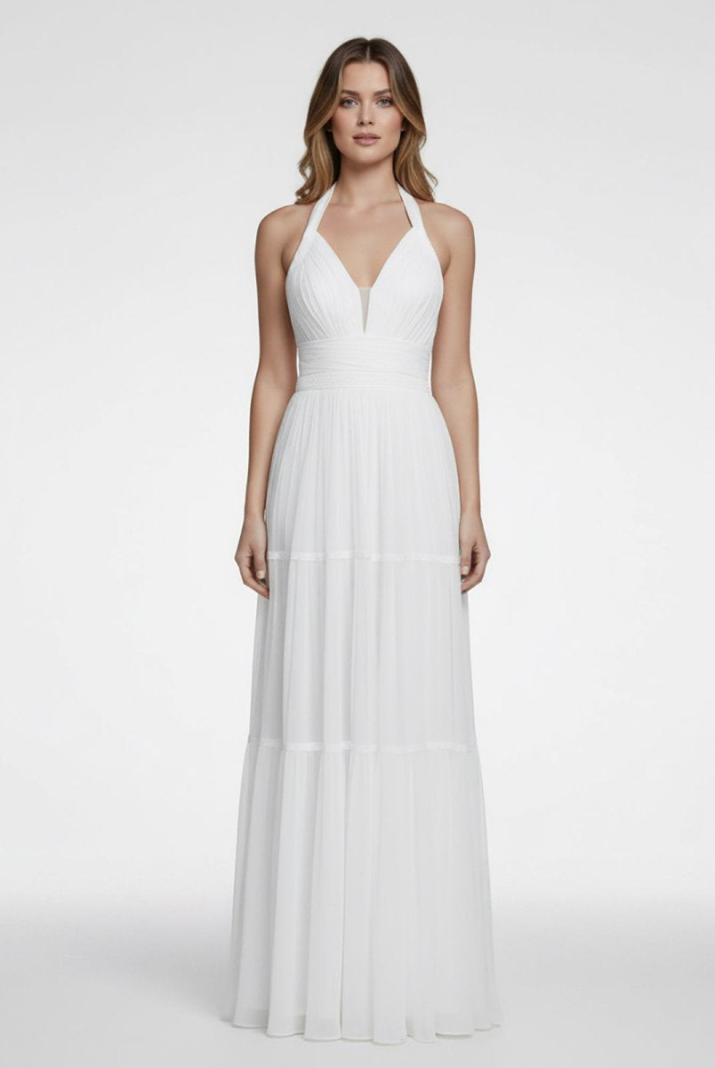 Bohemian Halter A Line Tulle Brush Train Wedding Dress with Ruching - KissProm