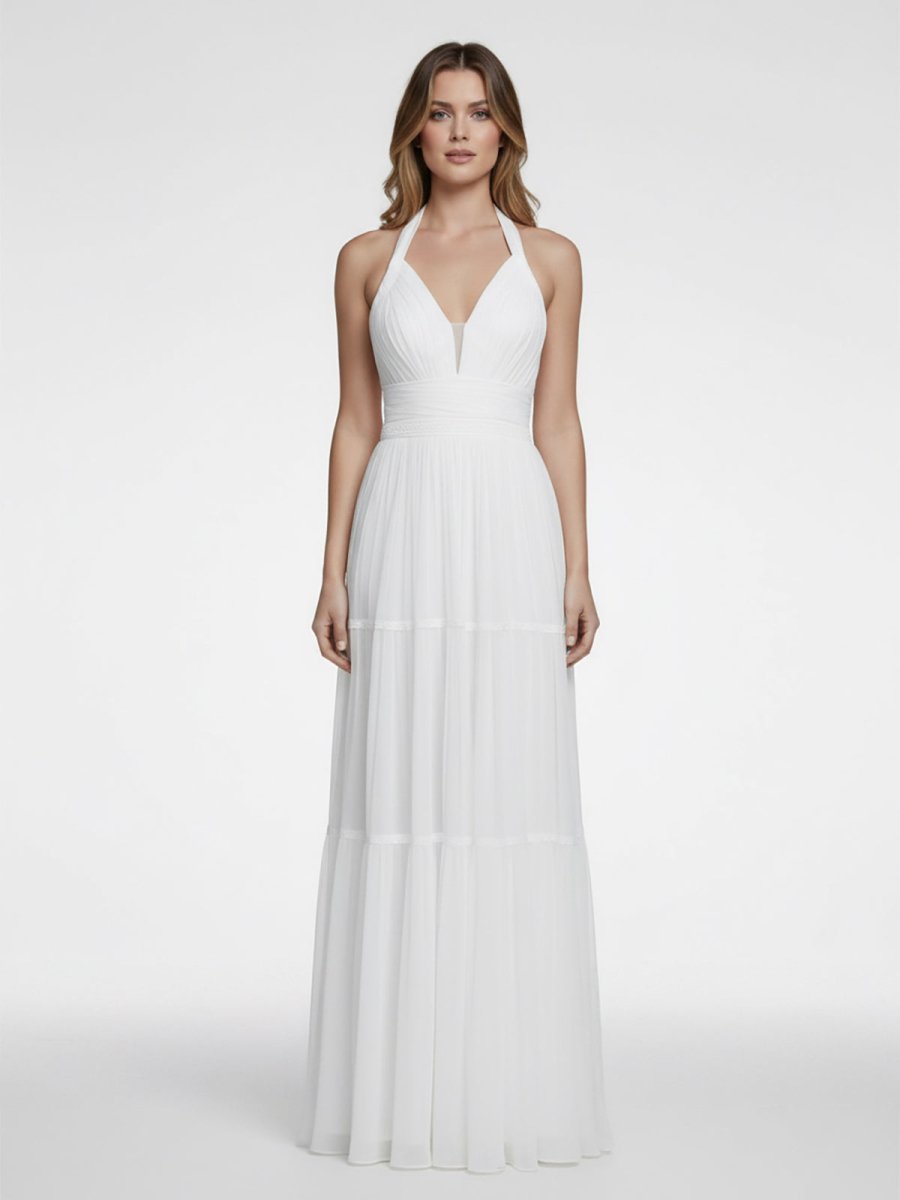 Bohemian Halter A Line Tulle Brush Train Wedding Dress with Ruching - KissProm