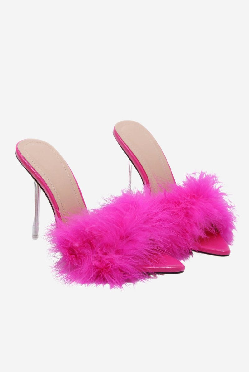 Hot Pink Feathers Pointed Toe Stiletto Sandals - KissProm