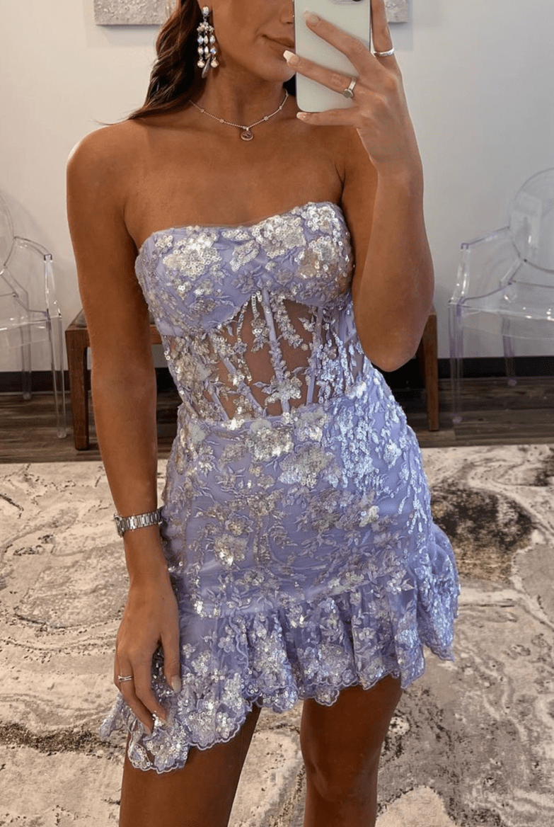 Strapless Lavender Sequin Tight Mini Dress with Ruffles