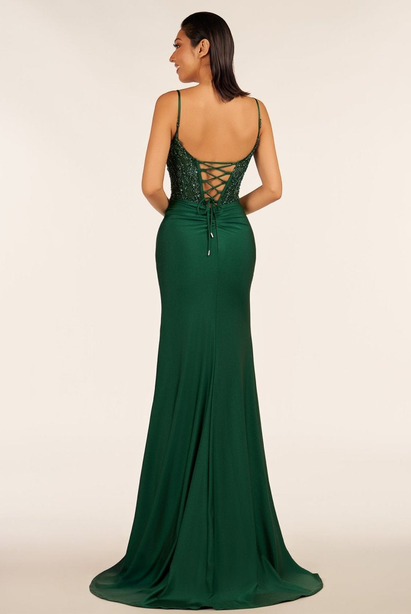 Rafenild | Green V Neck Beading Satin Long Slit Prom Dresses