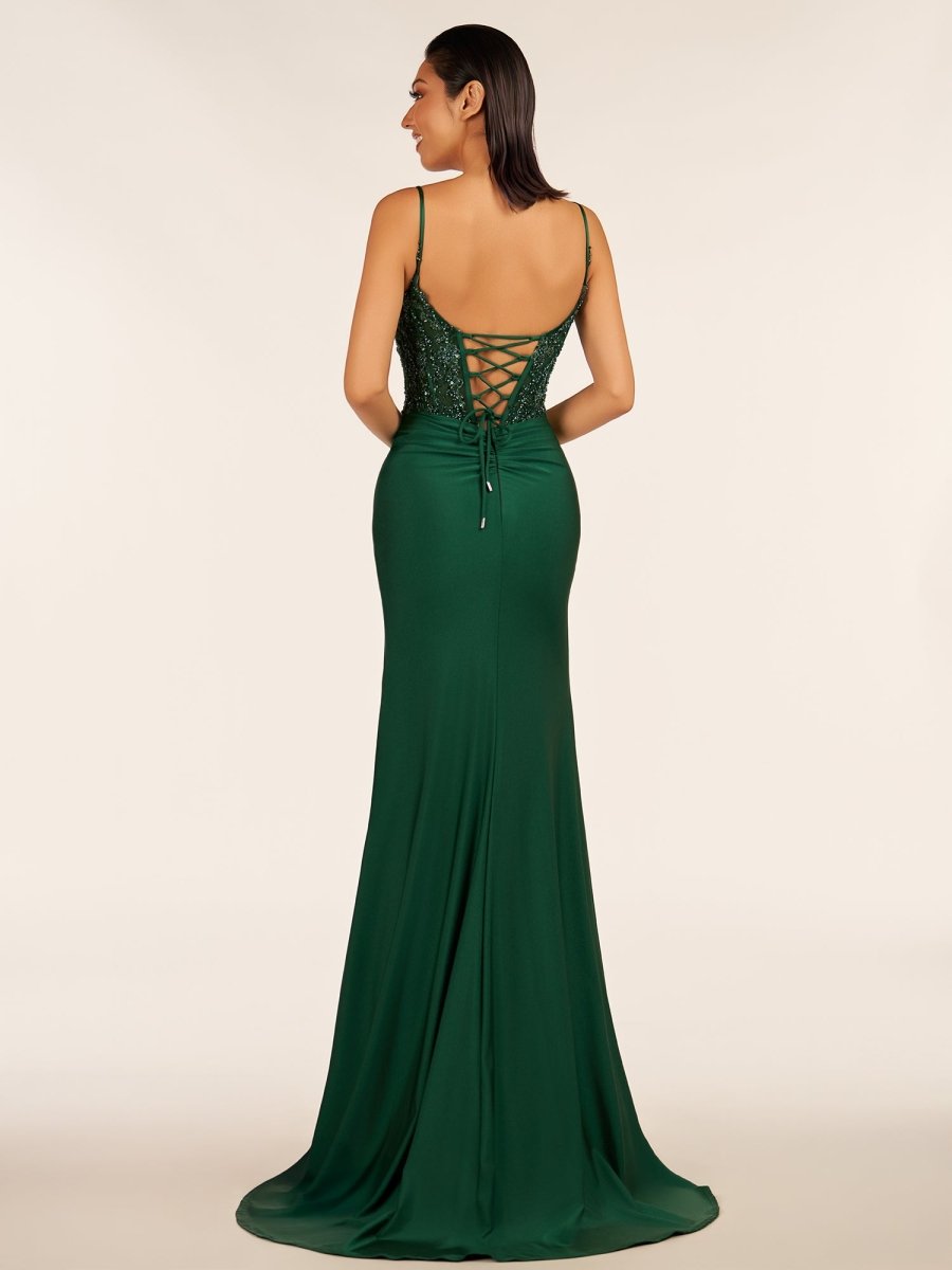 Rafenild | Green V Neck Beading Satin Long Slit Prom Dresses