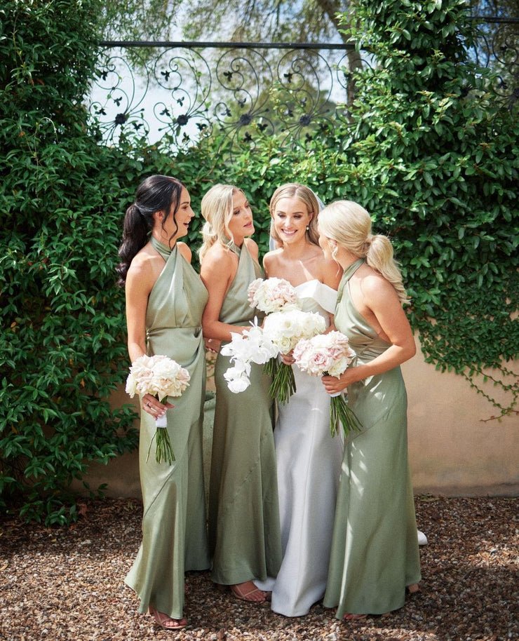 Charming Sheath Hatler Satin Sage Long Bridesmaid Dresses - KissProm