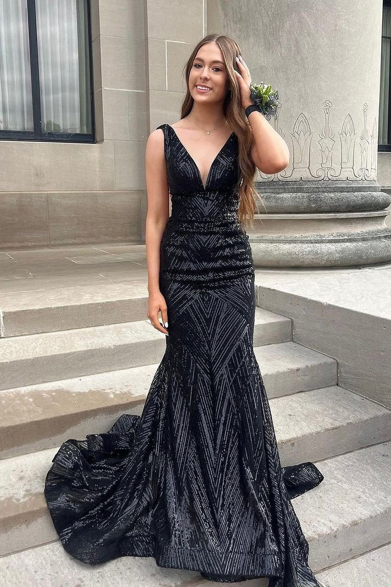 Karmina | Mermaid V Neck Sequins Sweep Train Long Prom Dresses - KissProm