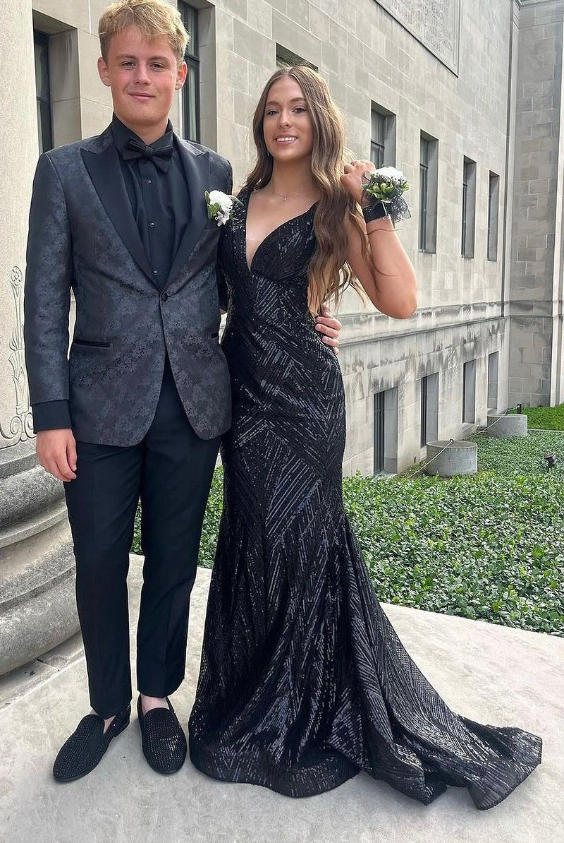 Karmina | Mermaid V Neck Sequins Sweep Train Long Prom Dresses - KissProm