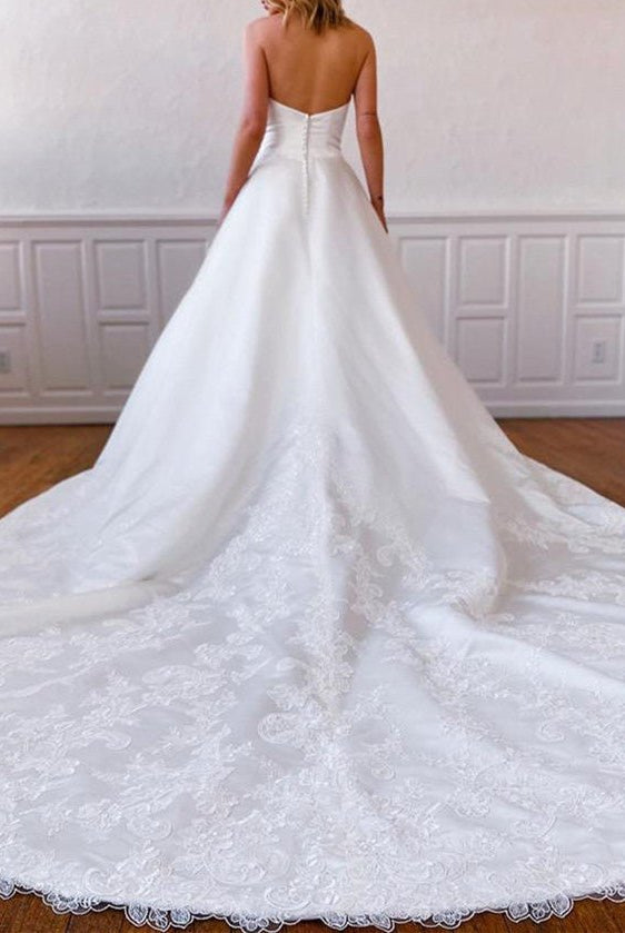 A-Line Strapless Satin Sweep Train Lace Appliques Wedding Dresses With Pockets