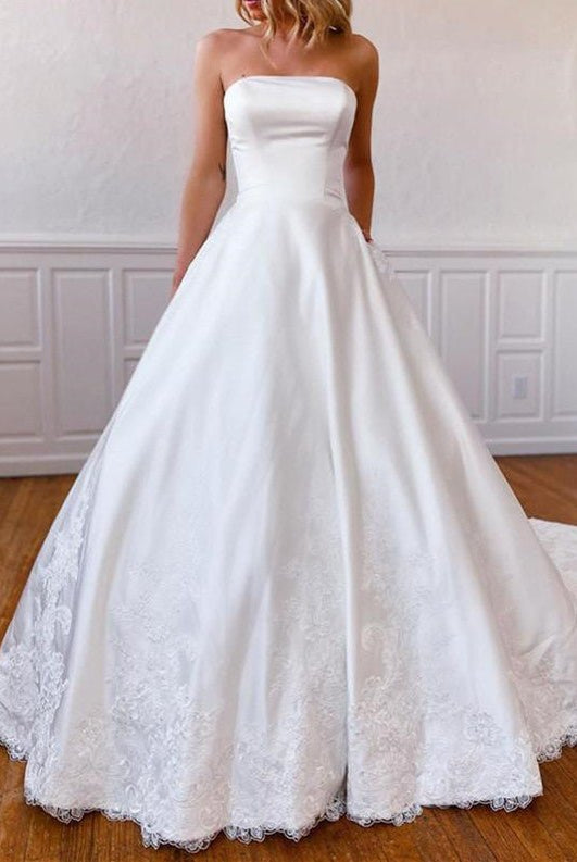 A-Line Strapless Satin Sweep Train Lace Appliques Wedding Dresses With Pockets