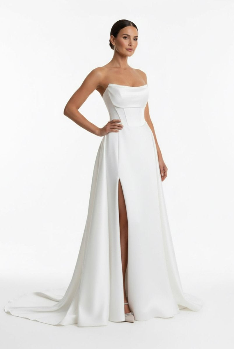 Jane | A-Line Strapless White Satin Wedding Dresses with Slit