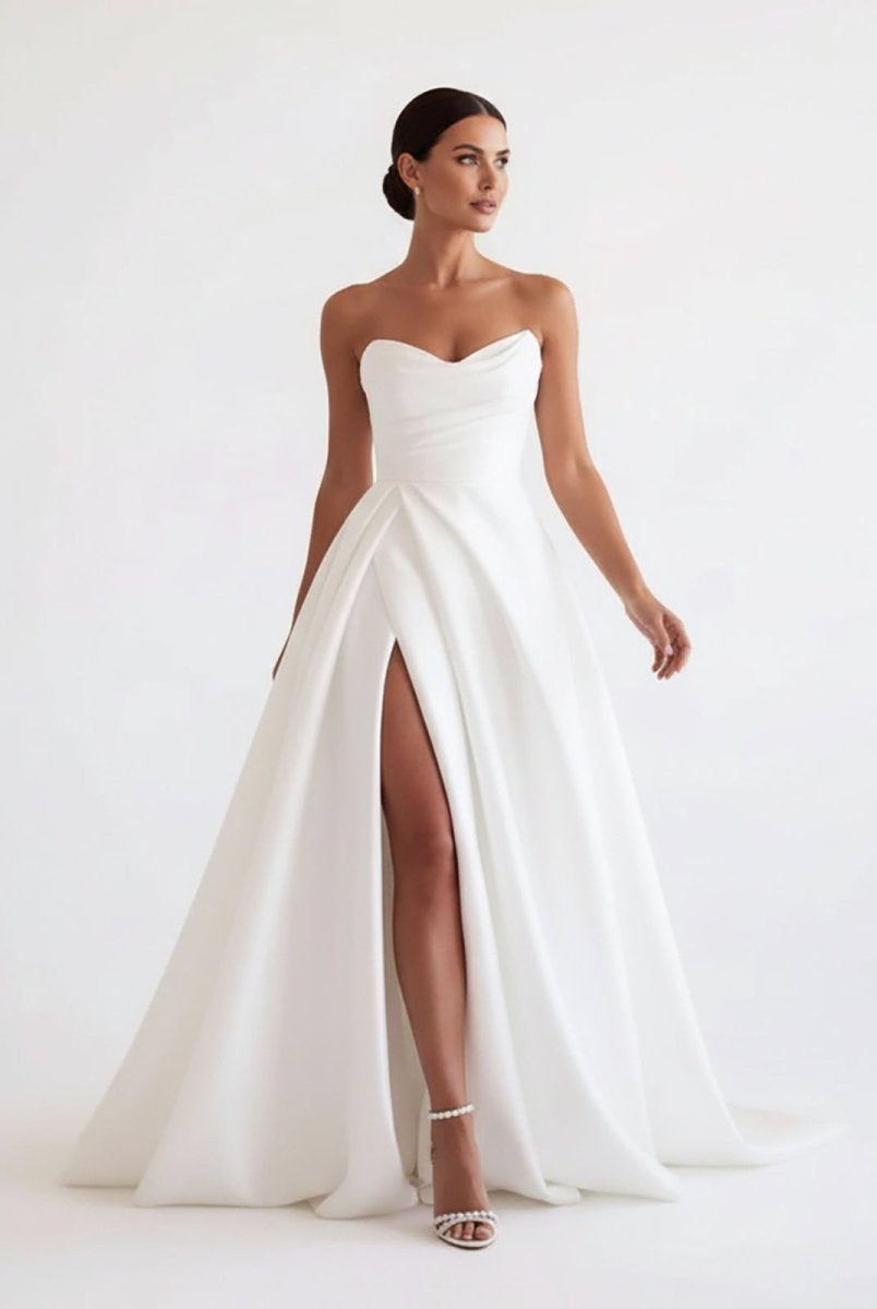 Janalee | A - Line White Sleeveless Satin Wedding Dress With Side Slit - KissProm