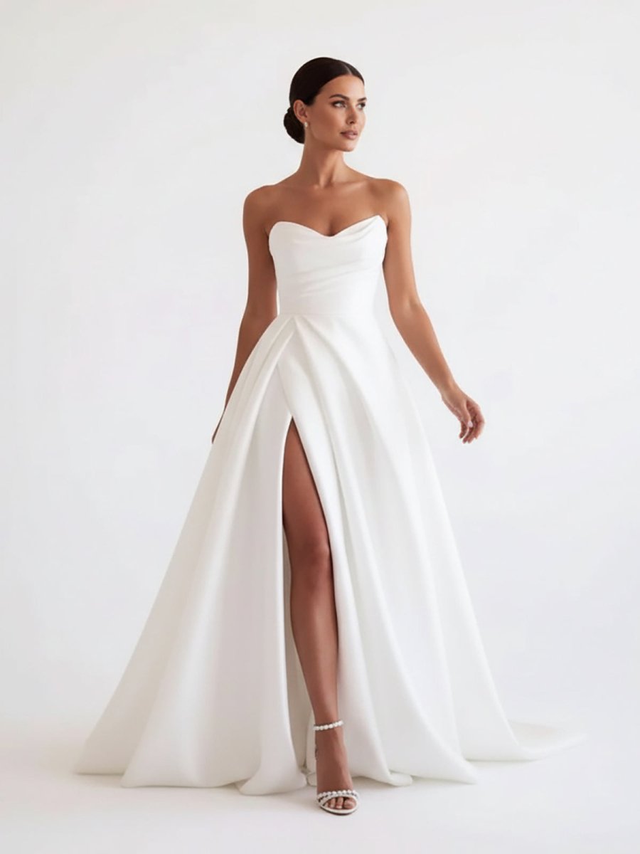 Janalee | A - Line White Sleeveless Satin Wedding Dress With Side Slit - KissProm