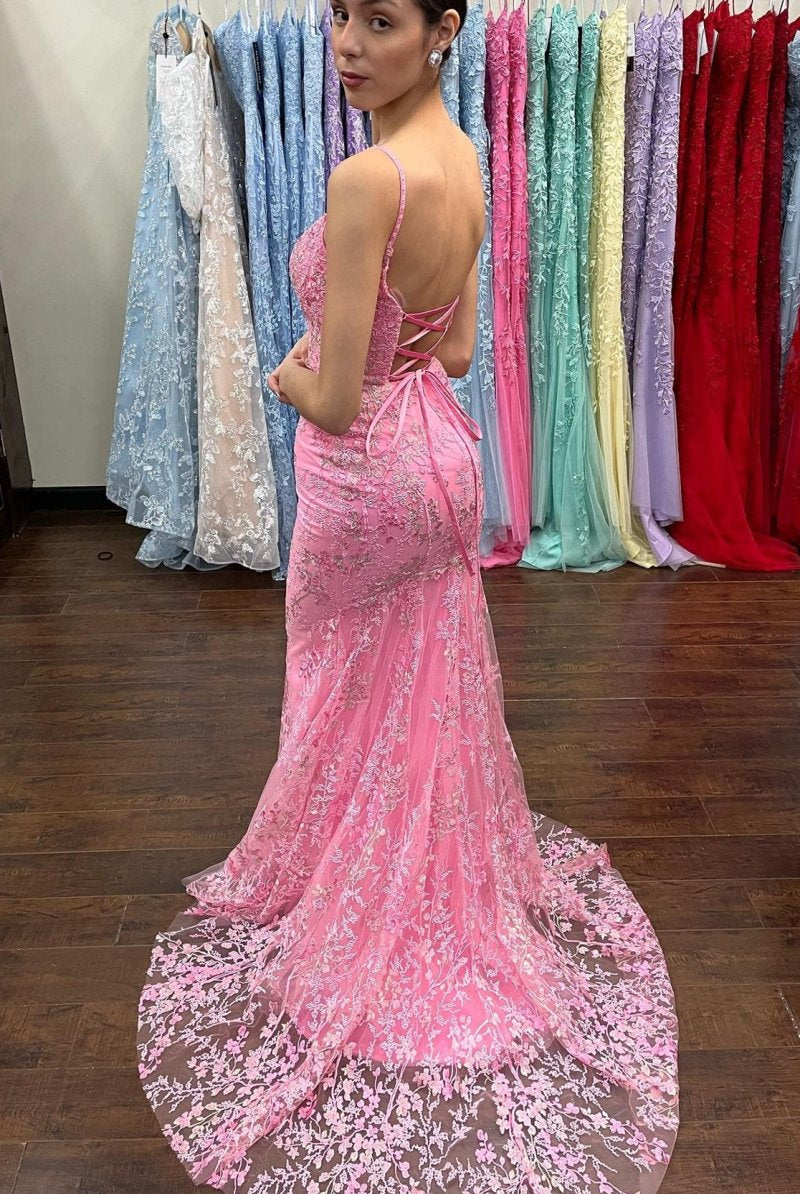 Azariah | Mermaid Pink Lace Appliques Long Prom Dress - KissProm