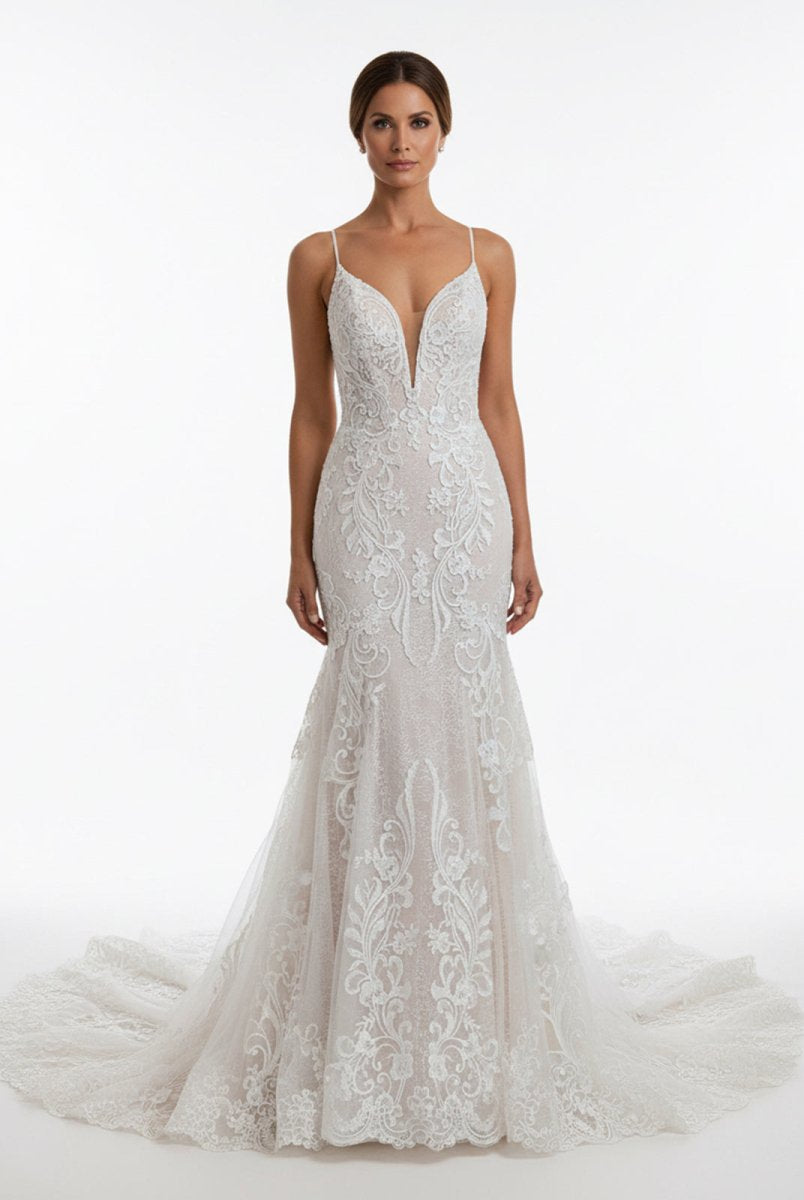 Aliza | Ivory Mermaid Spaghetti Straps Backless Long Lace Wedding Dress - KissProm
