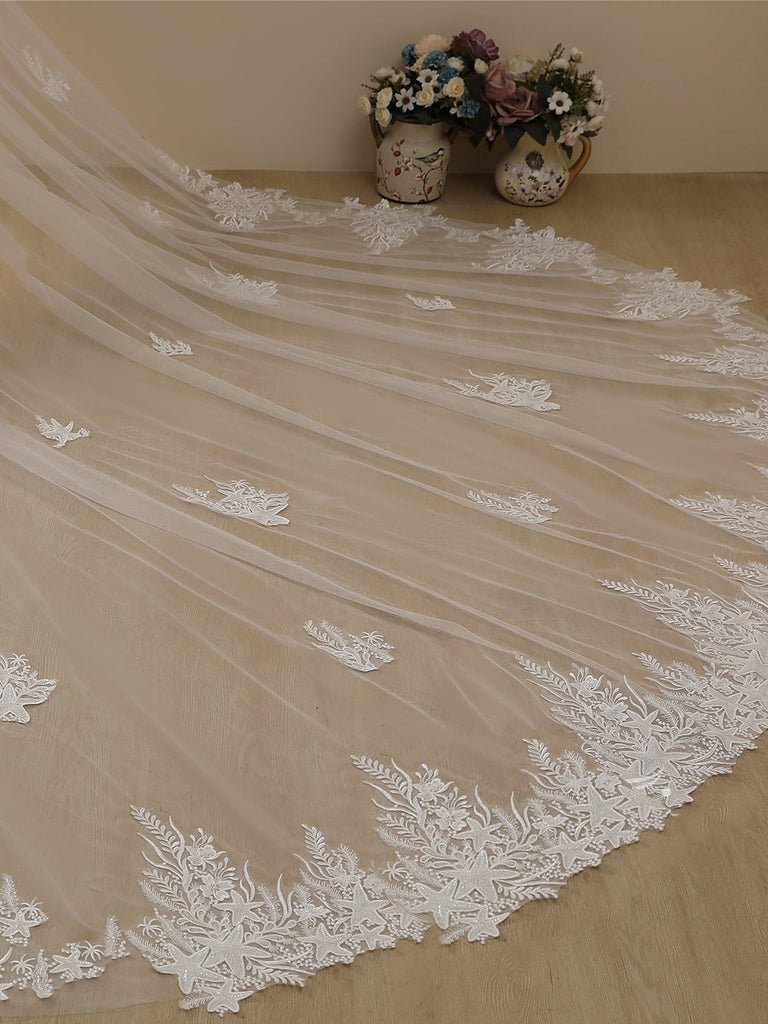 Starfish Lace Cathedral Veil Bridal Veil Wedding Veil - KissProm