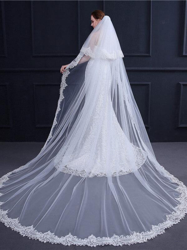 Two Tiers Ivory Lace Cathedral Veils - KissProm