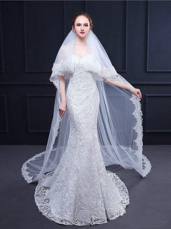 Two Tiers Ivory Lace Cathedral Veils - KissProm