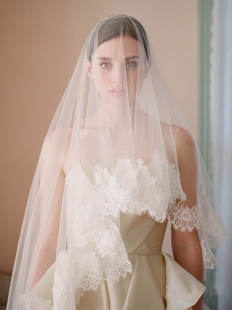 Traditional Drop Veils Ivory Tulle & Lace Wedding Veil - KissProm