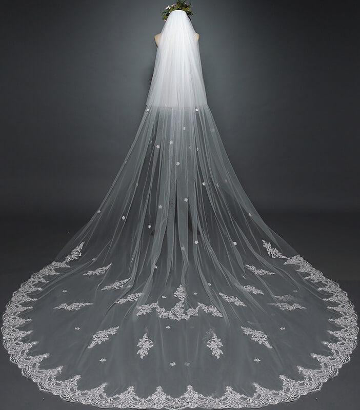White Cathedral Veil with Blusher Lace Applique Long Wedding Veil - KissProm