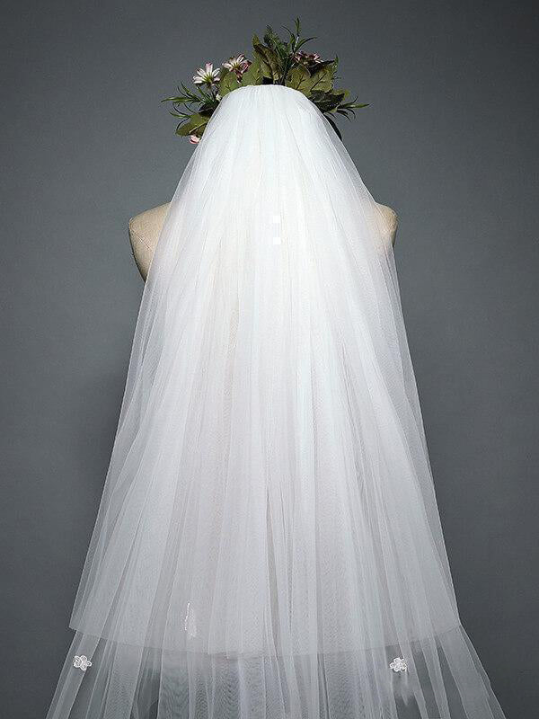 White Cathedral Veil with Blusher Lace Applique Long Wedding Veil - KissProm