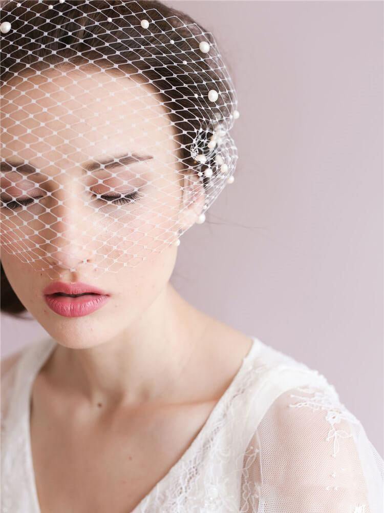 Vintage Ivory Mesh Birdcage Wedding Veils with Pearls - KissProm