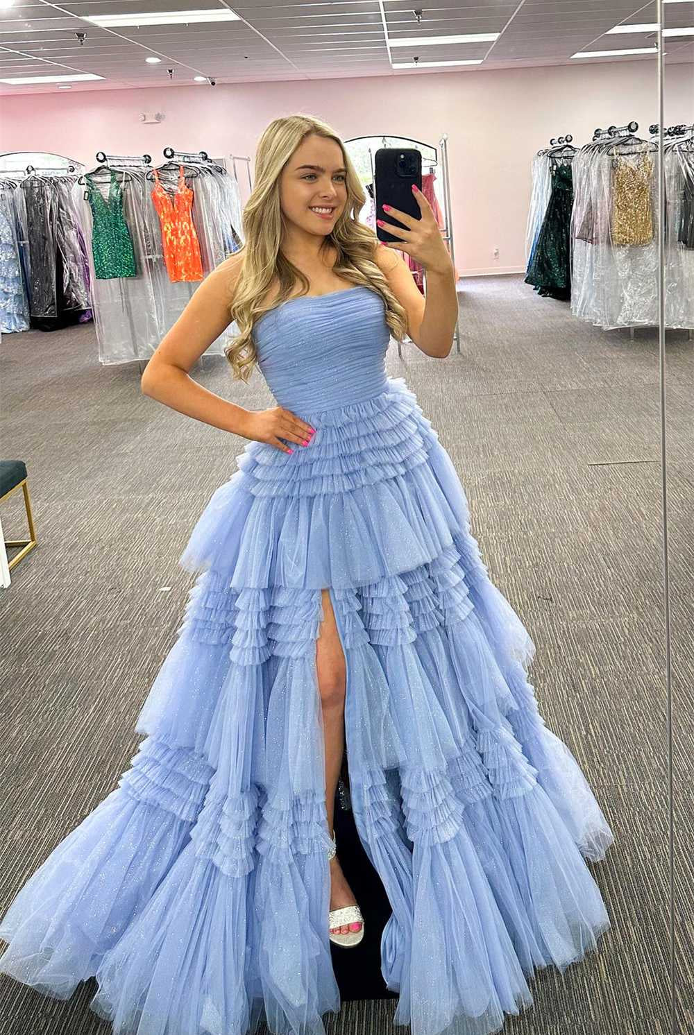 Daniela |A-Line Strapless Tulle Long Prom Dress with Tiered Ruffles