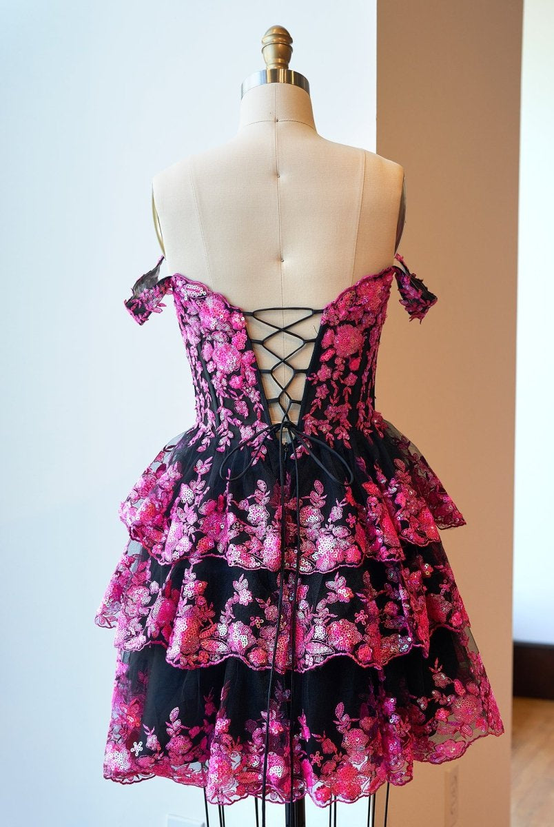 Everly | Black Pink - A-Line Sweetheart Tiered Short Homecoming Dress