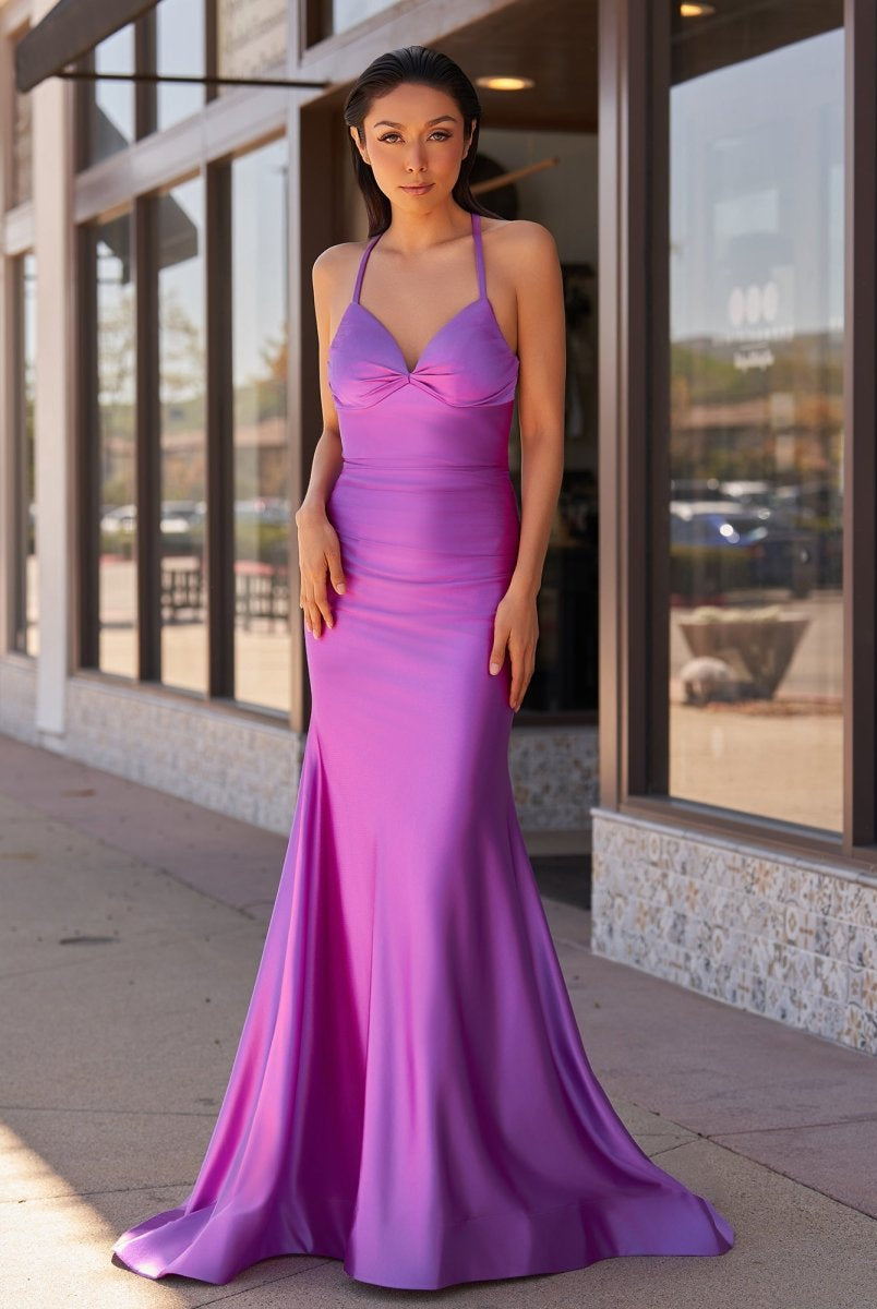 Sarai |Mermaid V-Neck Jersey Formal Dress with Lace-Up Back