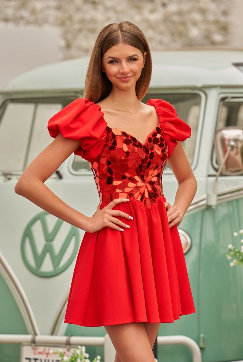 Galatea | A-Line Short Red Cut-Glass Sweetheartg Dress