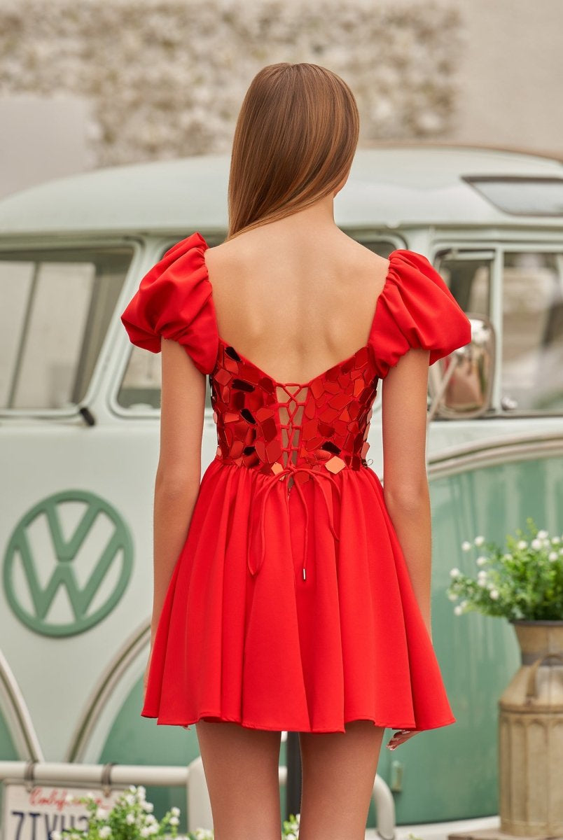 Galatea | A-Line Short Red Cut-Glass Sweetheartg Dress