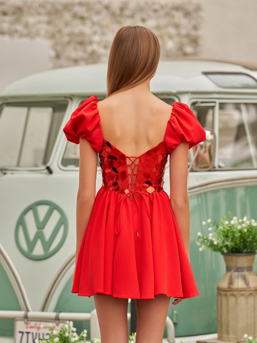 Galatea | A-Line Short Red Cut-Glass Sweetheartg Dress