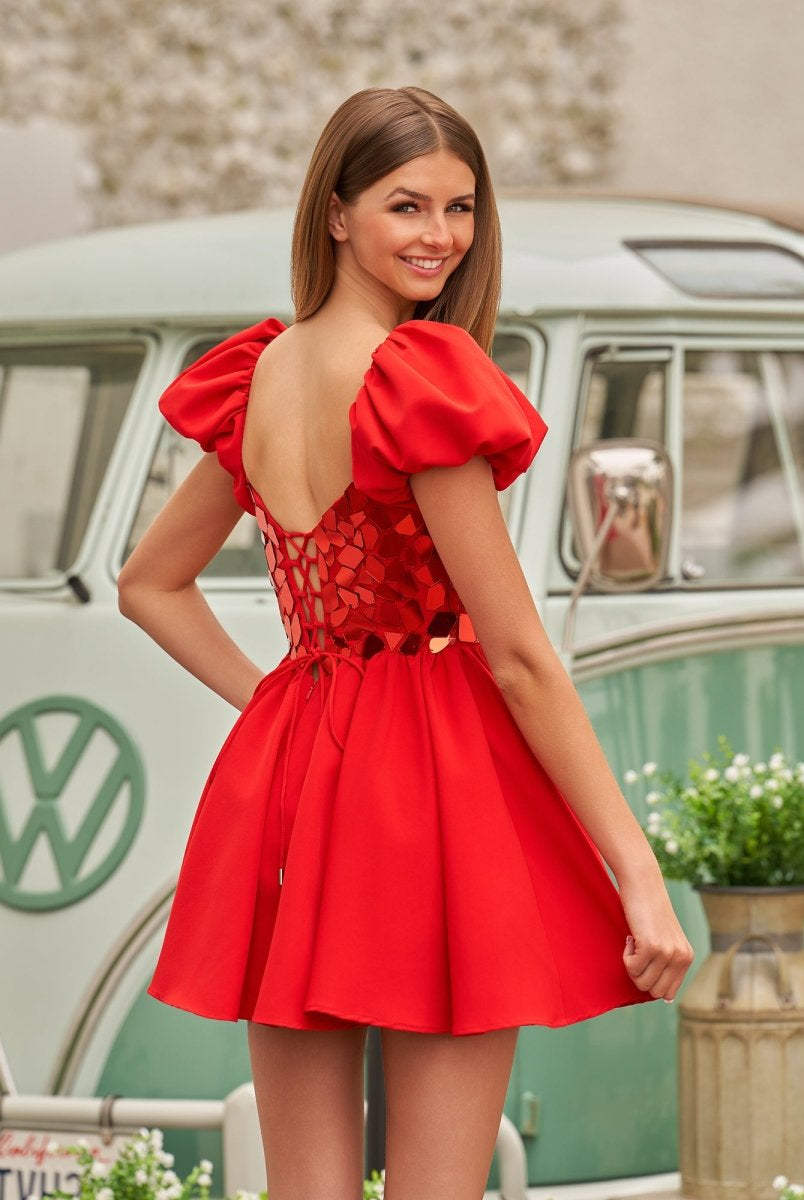 Galatea | A-Line Short Red Cut-Glass Sweetheartg Dress