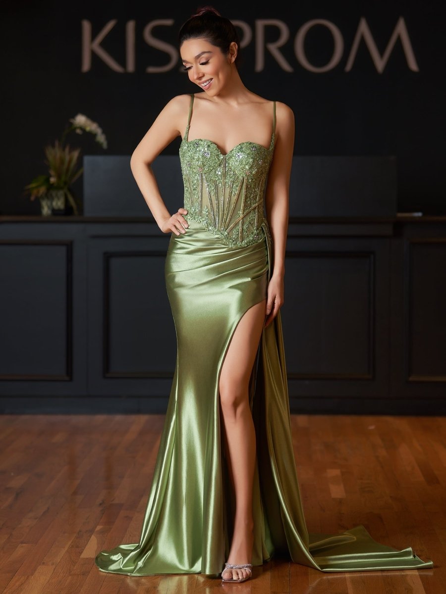 Paddy | Silver Spaghetti Straps Mermaid Appliqued Prom Dress With Split