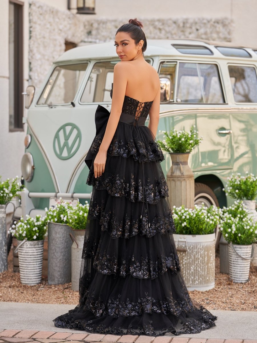 Jonjay | Sweetheart Light Blue Lace Appliques Ruffle Long Formal Gown