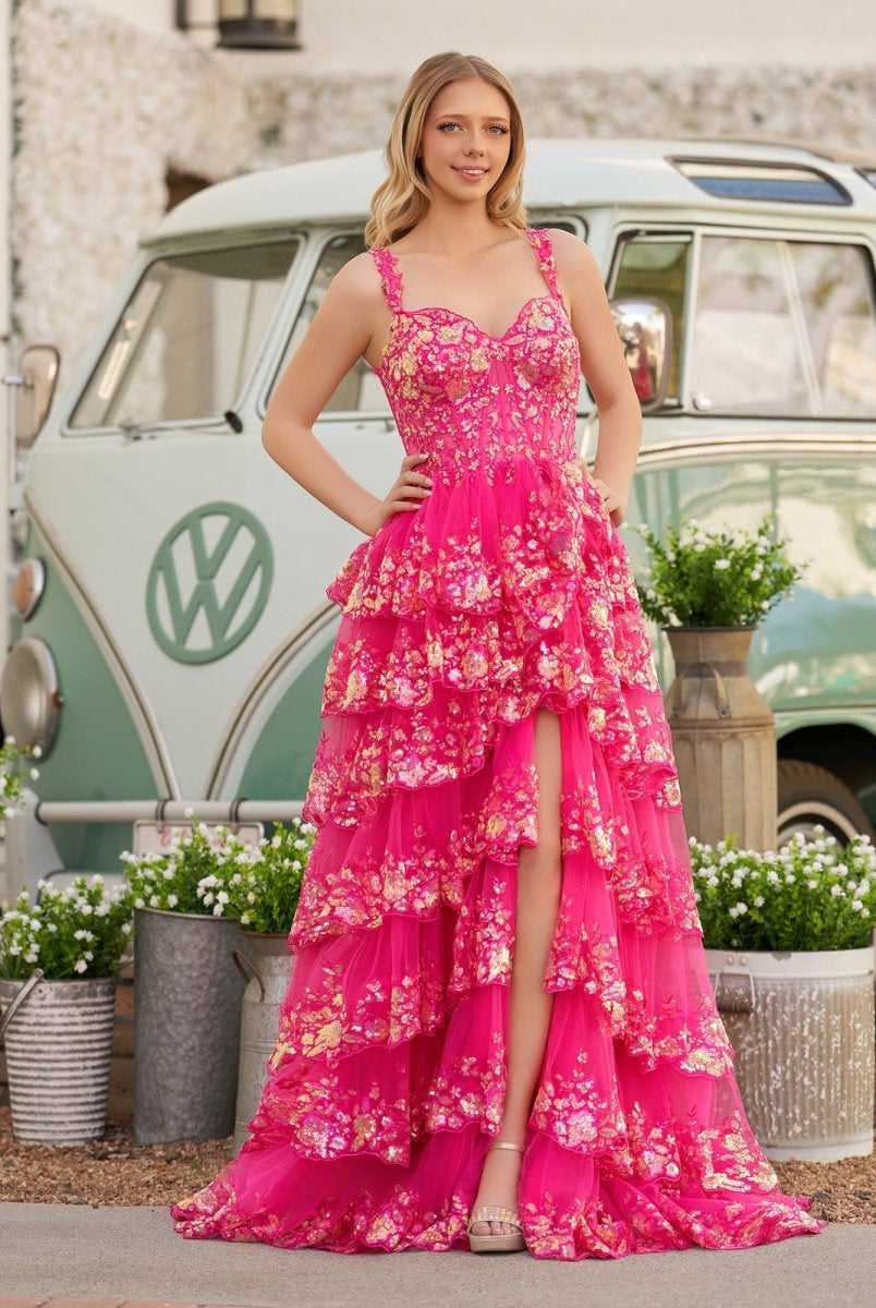 Capri | A-Line Lace Off-the-Shoulder Tiered Long Prom Dress with Slit