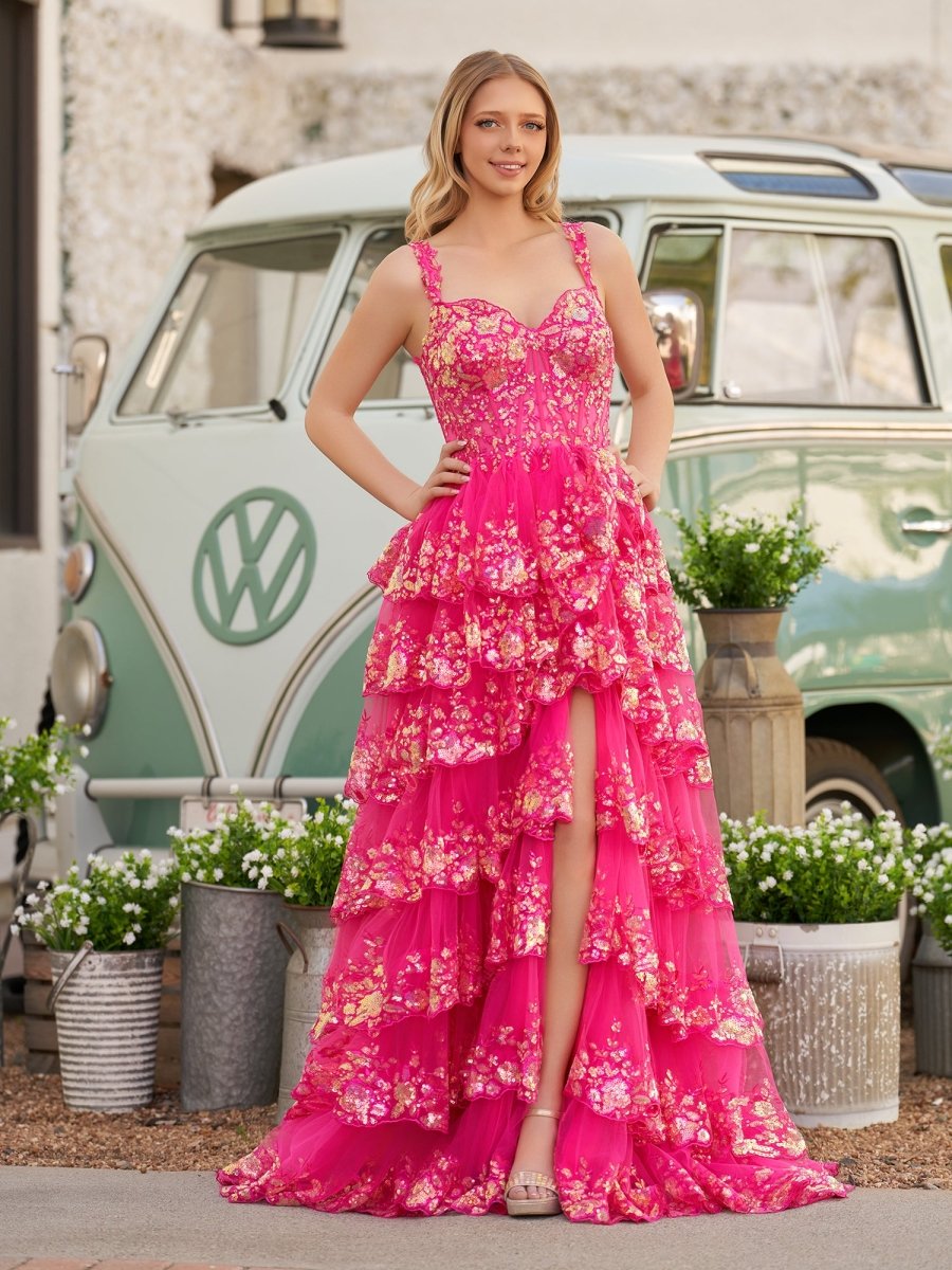Capri | A-Line Lace Off-the-Shoulder Tiered Long Prom Dress with Slit