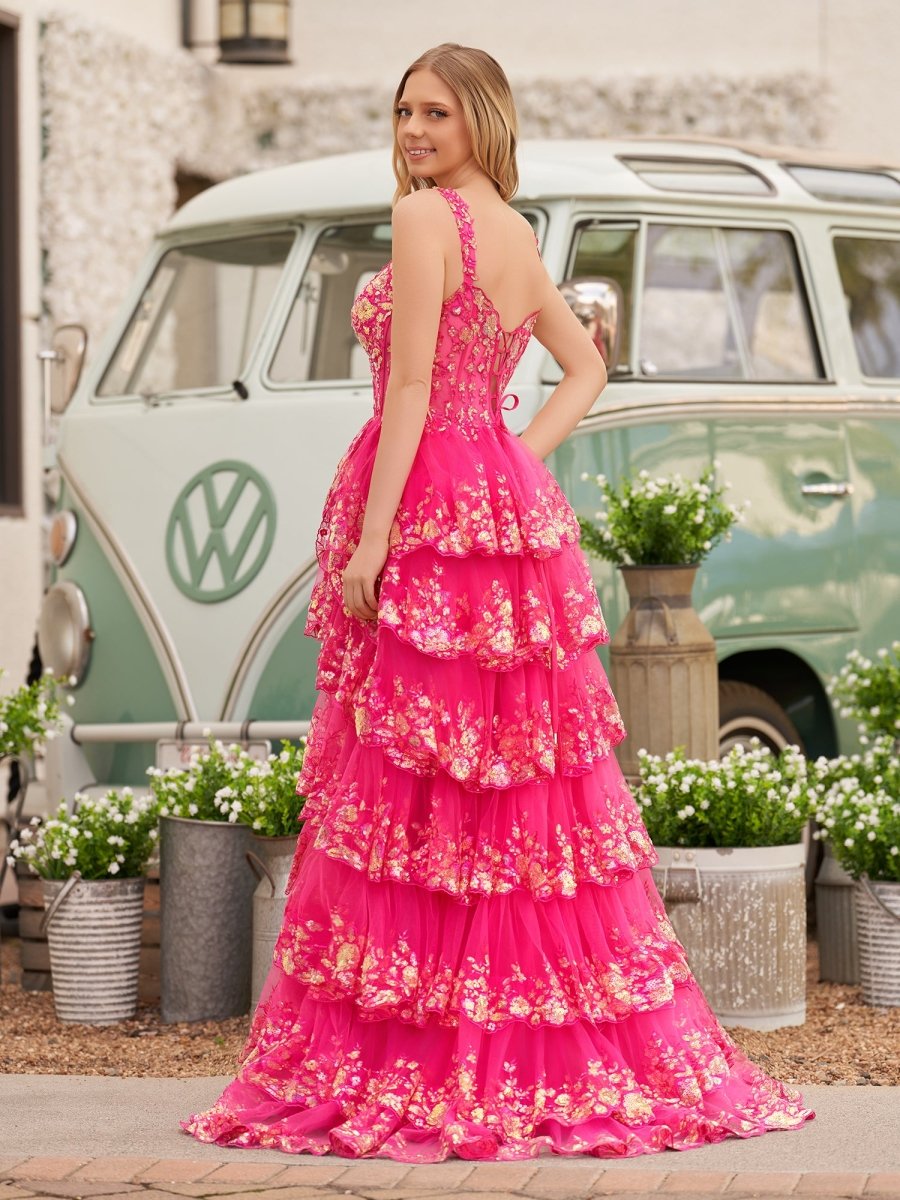 Capri | A-Line Lace Off-the-Shoulder Tiered Long Prom Dress with Slit