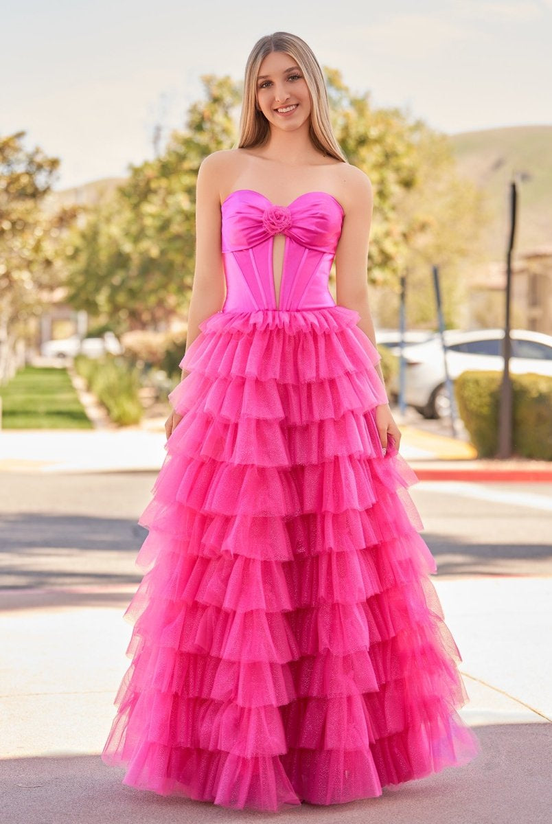 Rozara | Fuchsia A-Line Sweetheart Keyhole Tiered Tulle Long Prom Dresses