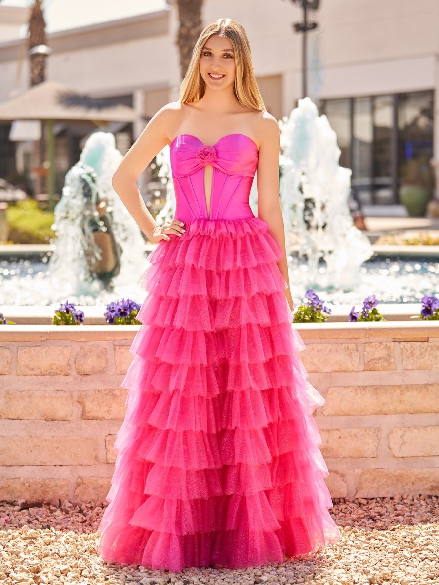 Rozara | Fuchsia A-Line Sweetheart Keyhole Tiered Tulle Long Prom Dresses